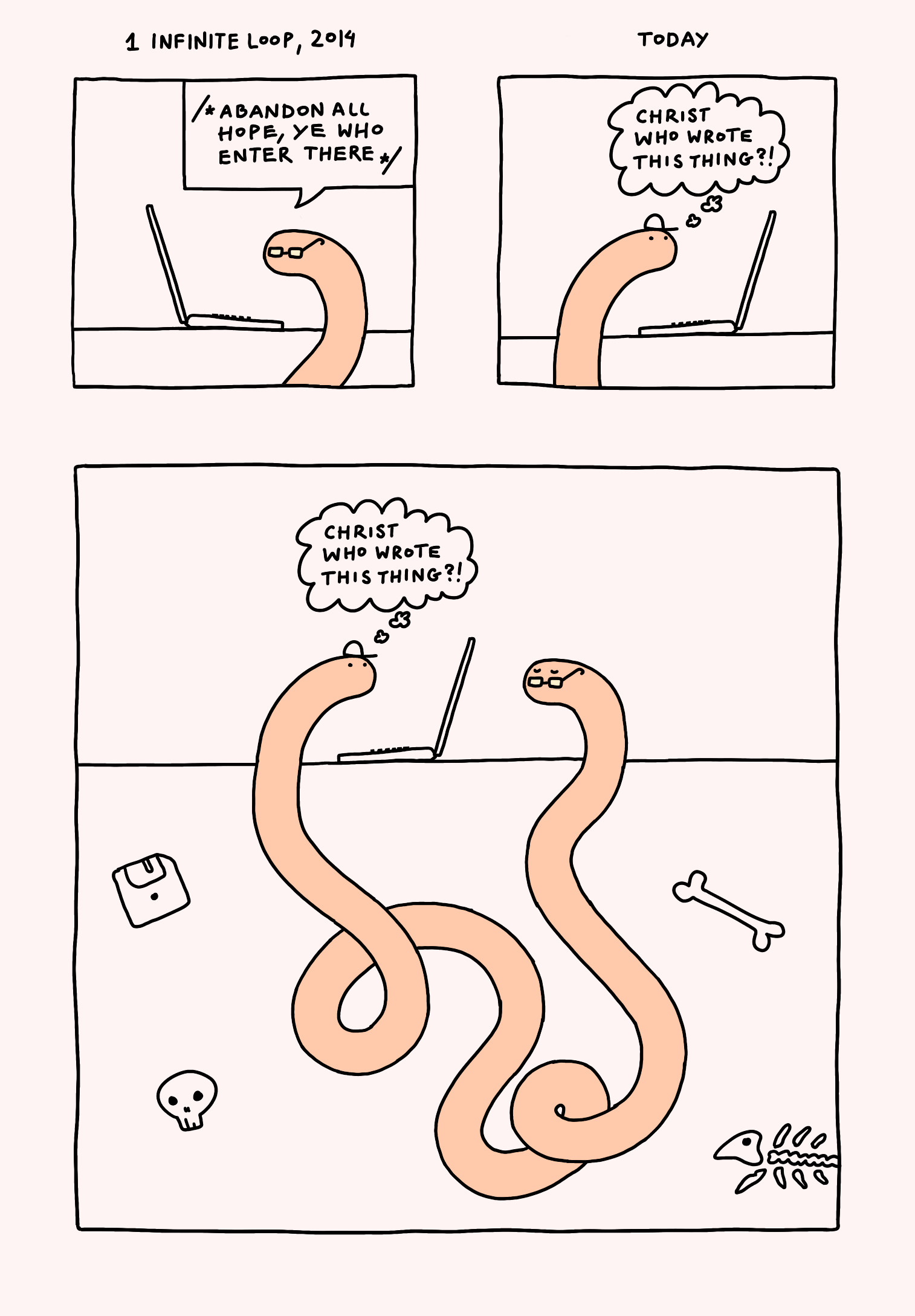 A comic strip describing two worms or snake complaining about each other’s work, while being in fact a single, two-headed snake